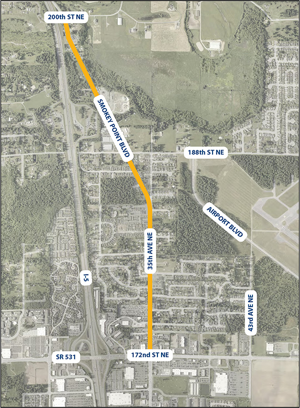 A map of the project area. The area stretches from 200th St NE to 174th Pl NE on Smokey Point Boulevard.