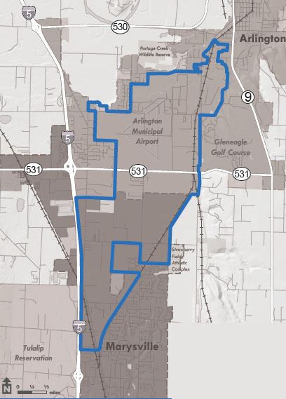 A map of the Cascade Industrial Center shows that the area encompasses a portion of Arlington and Marysville with Interstate 5 and Highway 9 serving as rough boundaries.