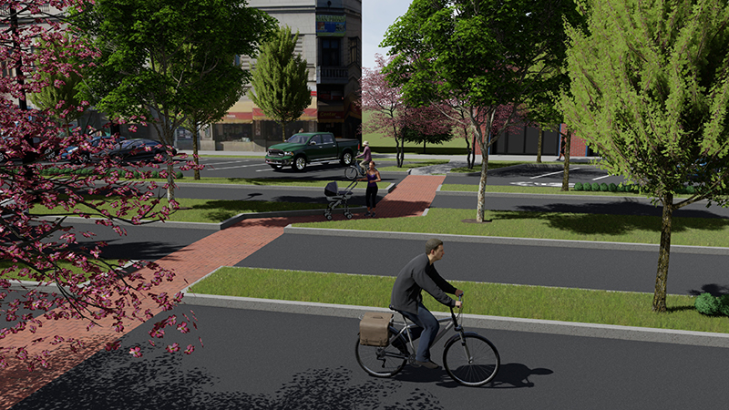 A rendering shows a potential design for a crosswalk. This crosswalk uses bricks as hardscapes instead of paint.