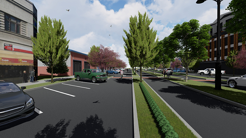 This rendering shows that back-in angled parking is a potential design option to help support future developments near Smokey Point Boulevard.
